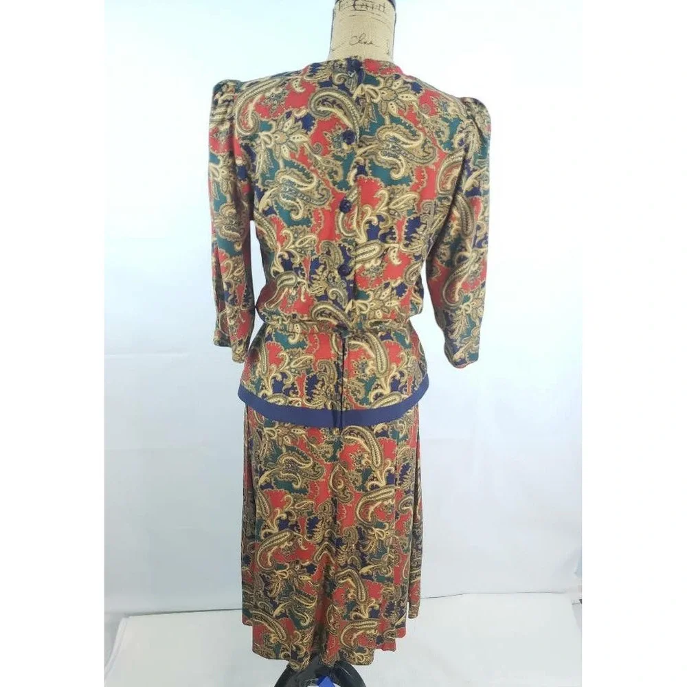 Lisa Petites Womens Peplum Dress Khaki Tan Red Paisley 3/4 Sleeve Vintage 10 U10